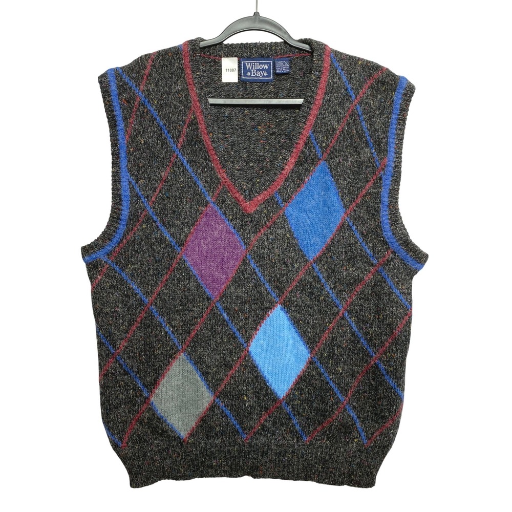 Willow Bay Sweater Vest Mens XL Gray Argyle SNP-001 V-Neck Knit Wool Blend